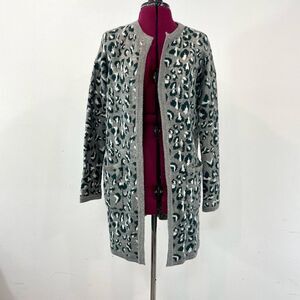 Cynthia Rowley Gray Leopard Knit Acrylic Alpaca Blend Open Long Line Cardigan S